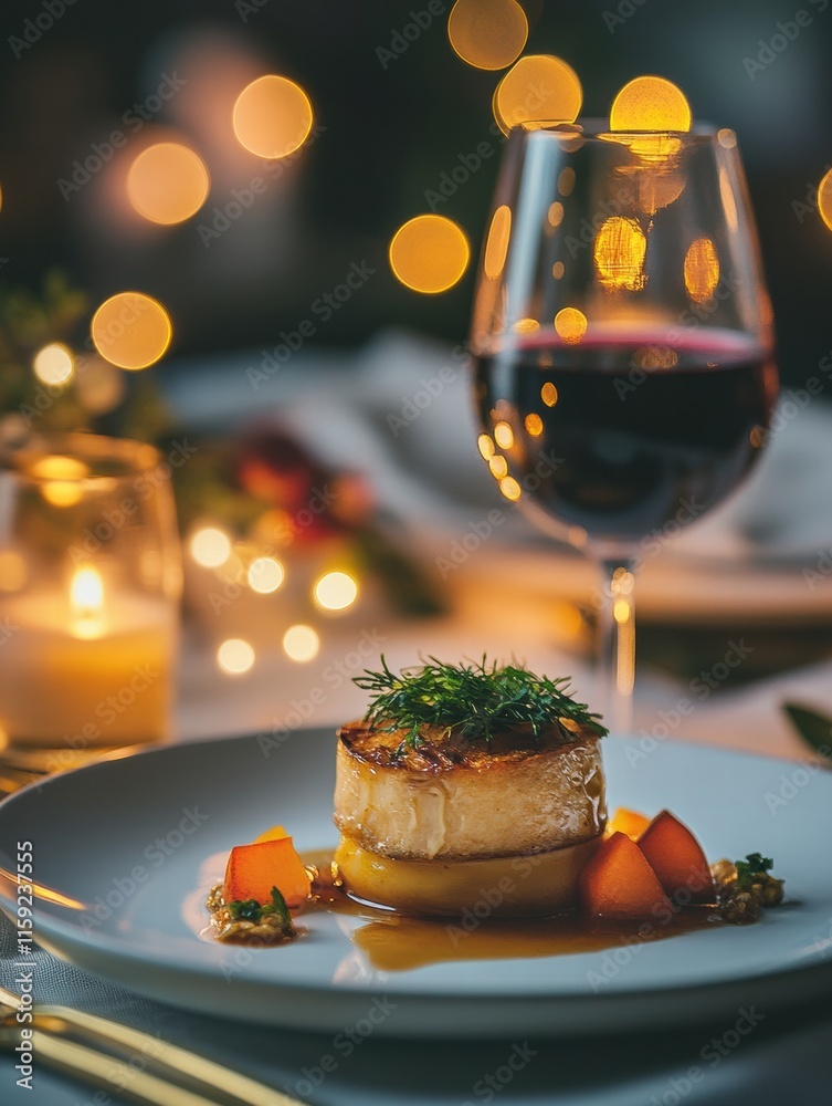 Poster elegant dining table set with a gourmet dish and a glass of wine surrounded by soft ambient lighting