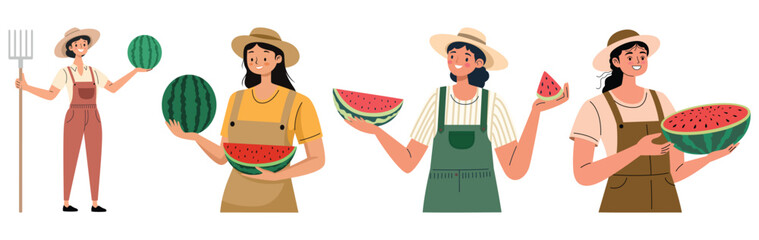 Cartoon women farmers holding whole and sliced watermelons, celebrating a fruitful agricultural harvest. Vector Art & Illustration