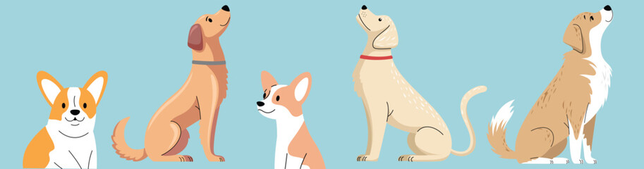 Five illustrated dogs in sitting poses on a blue background, appearing cheerful and attentive. Vector Art & Illustration