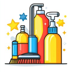 Cleaning supplies bottles, brush, and dispenser.