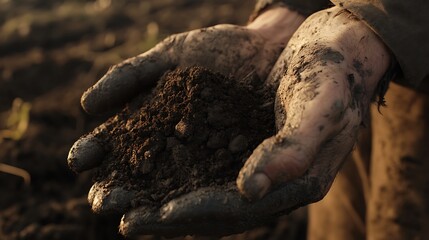 Obraz premium 24. A close-up of weathered hands holding a mound of soil with a blurred farm landscape in the distance