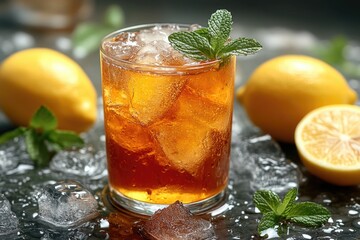 A refreshing drink with ice and lemons, perfect for hot summer days or as a healthy beverage option