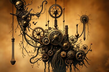 Steampunk Tree of Mechanisms: Golden Gears and Mystic Roots