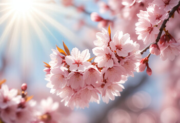 background of many sakura flowers through which the rays of the sun penetrate, which conveys the spring mood