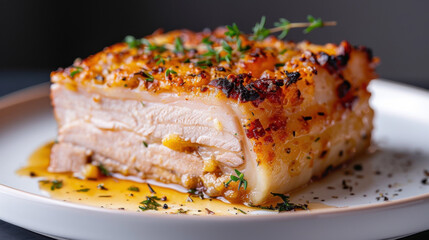 A close-up of a crispy and tender pork belly slice with golden crust and aromatic herbs, served on...