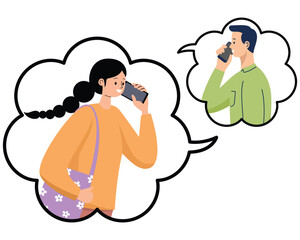 Smiling woman talking on the phone with man shown in a thought bubble. Vector Art & Illustration