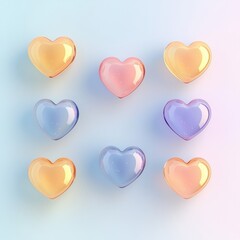 valentine intimacy spark concept. Colorful heart shapes arranged in a grid, featuring pastel hues of pink, purple, and orange.