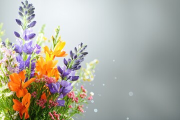 Vibrant Bouquet of Colorful Wildflowers on a Soft Gray Background with Bokeh Effect