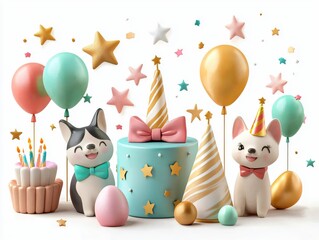 Obraz premium Cute Celebration Scene with Adorable Animals, Colorful Balloons and Birthday Cake