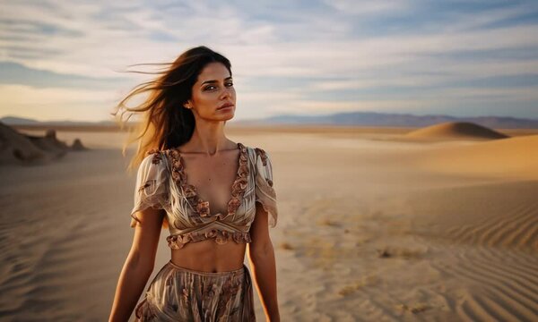 Model looking young slavic beautiful woman walking in a desert with open tummy and hands at golden hour and slight wind blowing through her hair