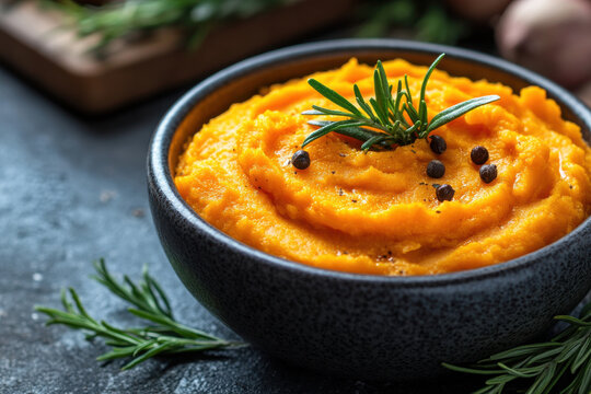 Sweet potatoes or pumpkin puree in bowl on kitchen table. Generated AI