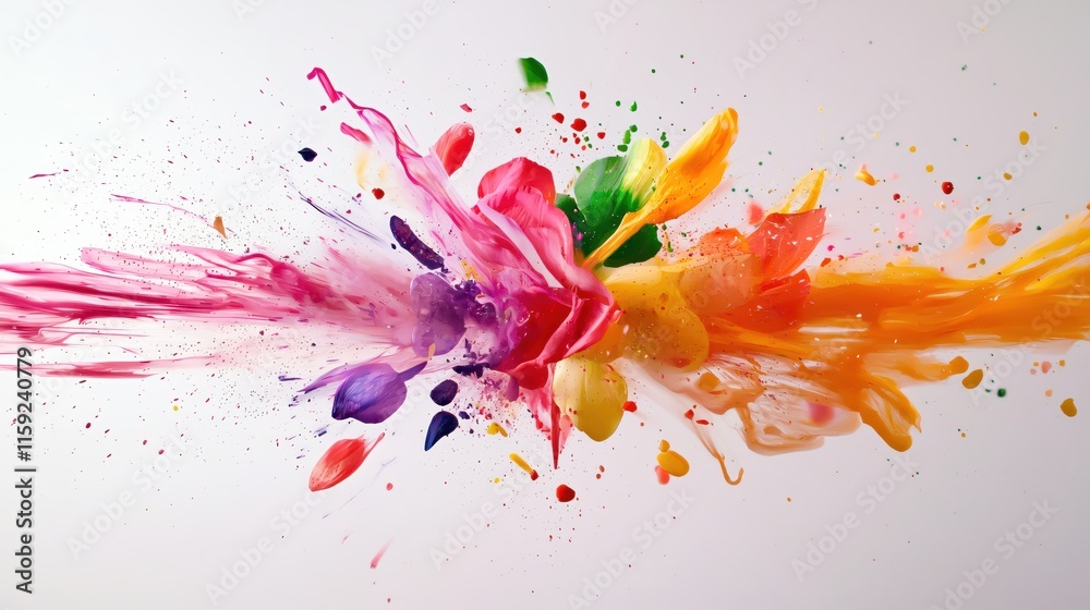 Poster vibrant explosion of colorful paint splashes on white background