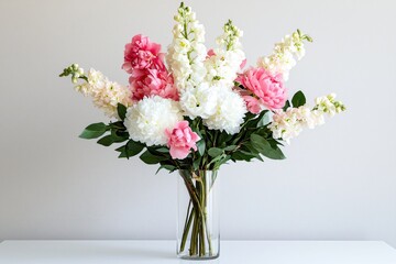 Fototapeta premium Elegant Floral Arrangement in Glass Vase Featuring White and Pink Blooms