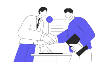 Agreement or signing paper and digital contract. Businessman sign contract. Entrepreneurs making deal. Handshake. Flat Cartoon Vector Illustration, icon. Stylish abstract Blue 