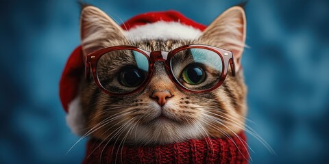 A curious cat wearing glasses and a festive Santa hat, perfect for holiday or winter scenes