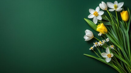 Fresh Spring Flowers Arrangement on Dark Green Background for Seasonal Designs