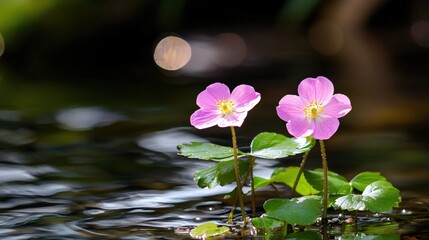 Delicate Pink Flowers Growing Amongst Green Leaves by Tranquil Water Surface
