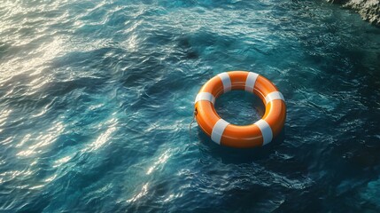Orange and white lifebuoy floating on calm blue water.