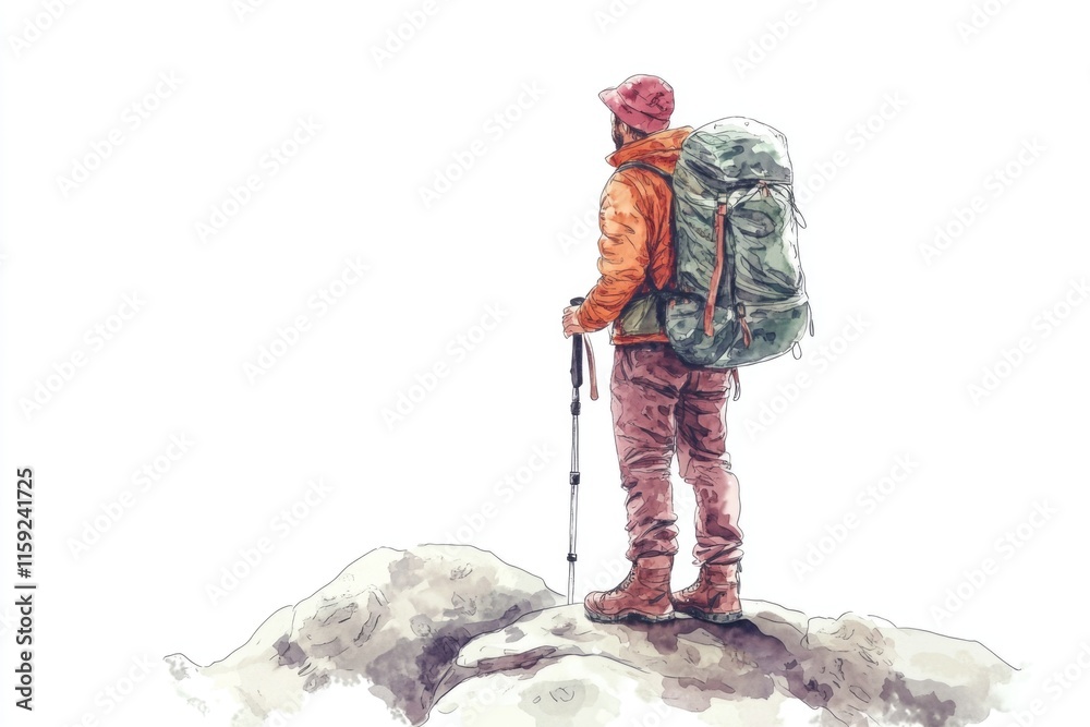 Poster man stands atop a mountain with his backpack, scenic view in the background