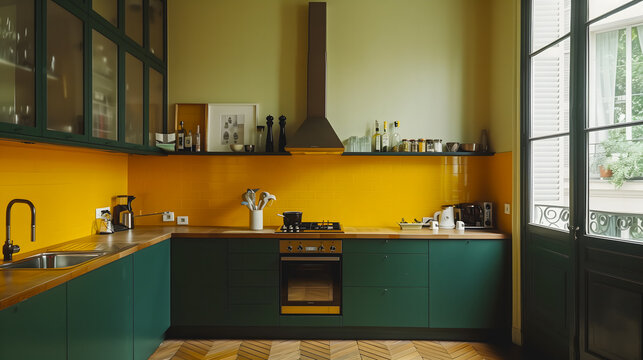 Cuisine contemporaine avec armoires vertes, cr&eacute;dence jaune et hotte moderne.