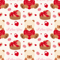 Seamless pattern of festive elements for Valentine's Day and the inscription "I love you" on a light background. Vector graphics.