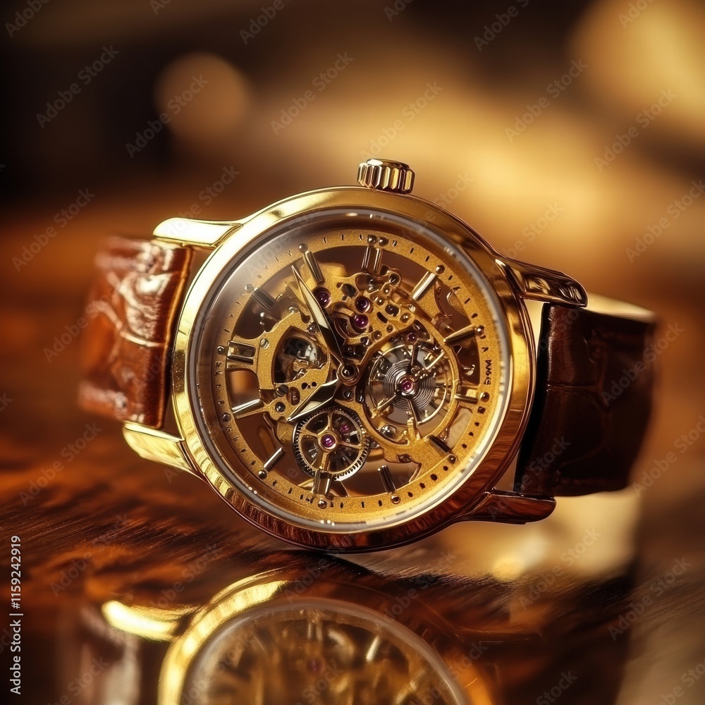 Poster stunning golden wristwatch resting elegantly on a polished wooden surface in a well lit setting. gen