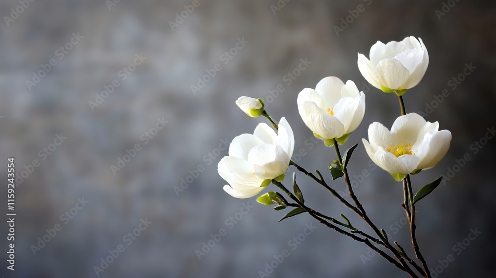 Poster elegant white flowers with soft petals on a subtle gray background in natural light