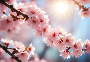 background of many sakura flowers through which the rays of the sun penetrate, which conveys the spring mood