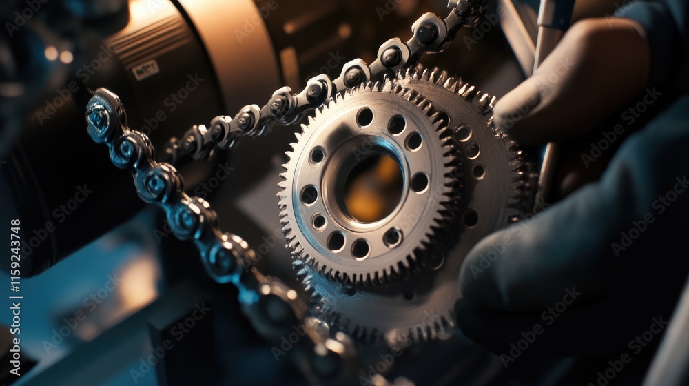 Poster a person works on a machine, focusing on the task at hand