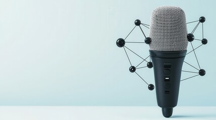 Creative and Modern Microphone Design with Floating Connection Elements Against a Soft Blue Background Ideal for Technology and Music Themes