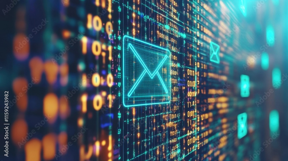 Poster digital email icon on network background with binary code