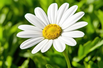 Obraz premium Beautiful White Daisy Flower with Yellow Center Surrounded by Fresh Green Leaves