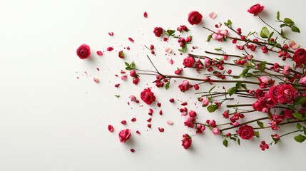 Vibrant Red Flowers and Petals Spread Elegantly on a Clean White Background