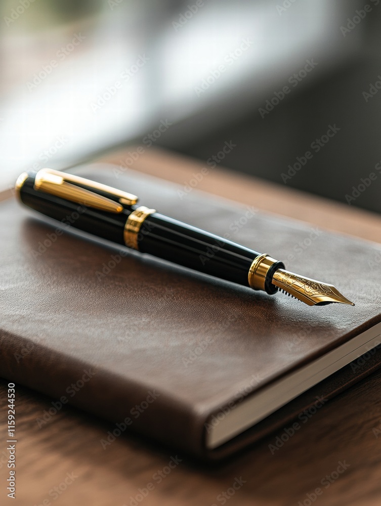 Poster luxury fountain pen with gold accents resting on a leather notebook in a modern workspace setting. g