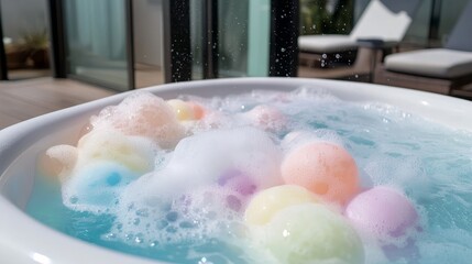 Fototapeta premium A colorful bubble bath filled with pastel balls and frothy water, creating a relaxing atmosphere.