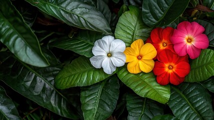 Fototapeta premium Vibrant Flowers with Green Leaves in a Lush Tropical Garden Setting