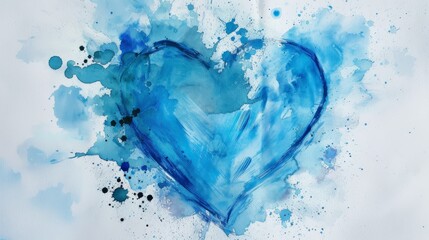 A vibrant blue heart painted in watercolor, surrounded by expressive splatters and brushstrokes