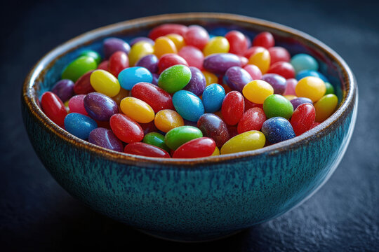 A teal bowl brimming with colorful jelly beans, a delightful treat.