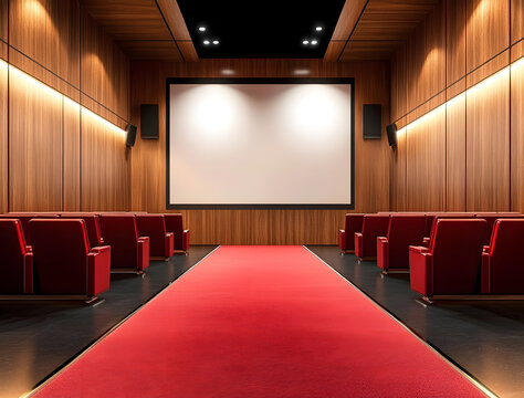 Modern red carpet wooden cinema hall with empty white mock up banner on wall. 3D Rendering (20)