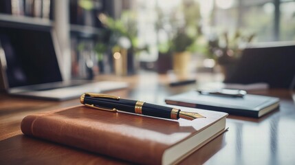 Luxury fountain pen with gold accents rests on a leather notebook in a sunlit workspace filled with greenery. Generative AI