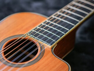 Obraz premium Close-Up Photograph of an Acoustic Guitar Showing Detail of Strings, Fretboard, and Soundhole for Music and Instrument Enthusiasts