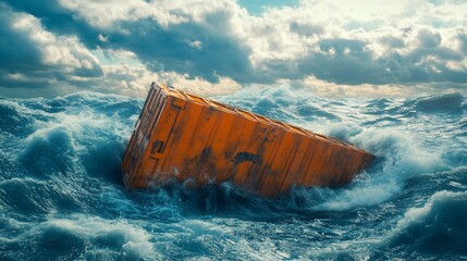 Orange cargo container sinking in stormy ocean waves.