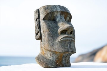 A stone statue of a man's face on a sunny beach, great for summer theme or coastal atmosphere