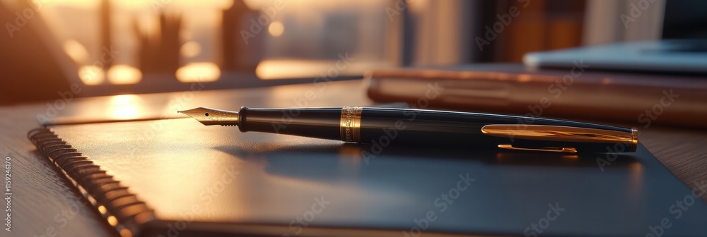 Poster luxury fountain pen with gold accents resting on notebook during sunset in elegant workspace environ
