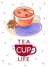 Poster with tea, teacup and roses. For poster, card, banner, discount, special offer. Vector illustration EPS10 
