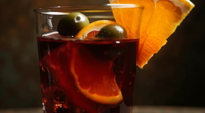 Vaso de vermut t&iacute;pico espa&ntilde;ol, con rodaja de naranja y olivas verdes
