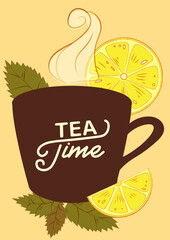 Poster with silhouette tea, teacup, lemon, mint. For poster, card, banner, discount, special offer. Vector illustration EPS10 
