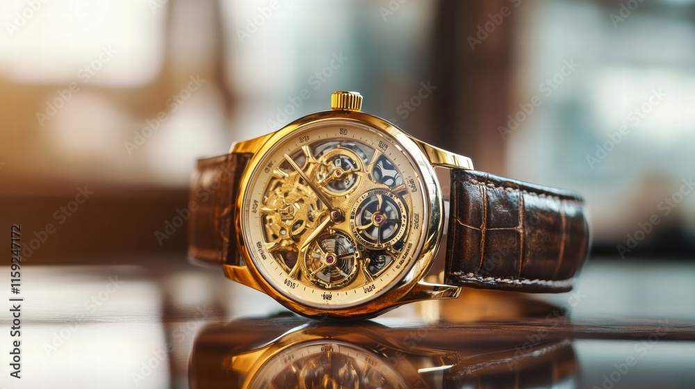 Aufkleber Luxury wristwatch with golden frame resting on a polished surface in a stylish environment. Generative AI