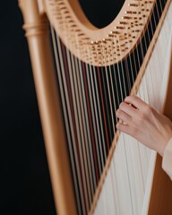 Close-Up of a Person's Hand Skillfully Playing a Harp with Graceful Fingers in a Dimly Lit Studio Setting