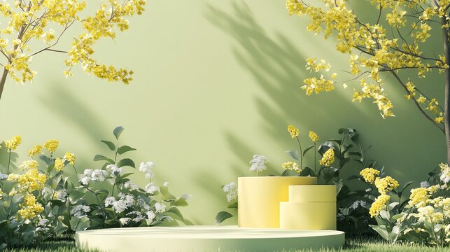 Pastel yellow podiums & spring flowers on a green background.